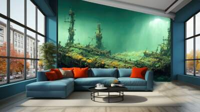 Sunken old ship wreck underwater on ocean floor Wall mural