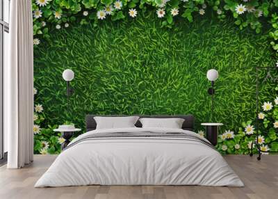 Top view of green grass field with small daisies and clover leaves creating a natural floral frame Wall mural