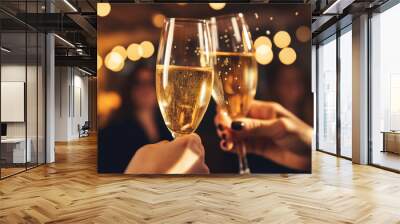 Two hands holding sparkling wine clinking glasses at New Year's Eve Wall mural