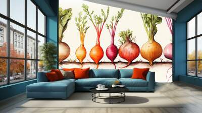 Watercolor painting of assorted lined up vegetables in soil in gradient colors (Generative AI) Wall mural