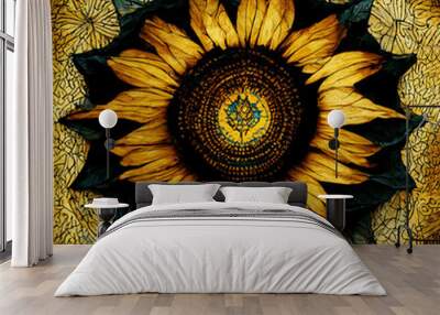 Yellow sunflower mandala background as spiritual concept Wall mural