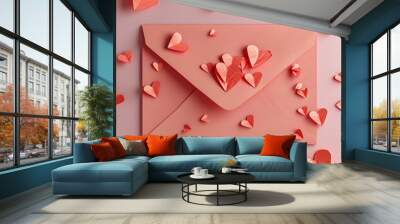 love letter envelope with paper craft hearts. generative ai Wall mural