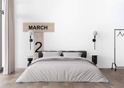 March 2 displayed wooden letter blocks on white background with space for print. Concept for calendar, reminder, date.  Wall mural