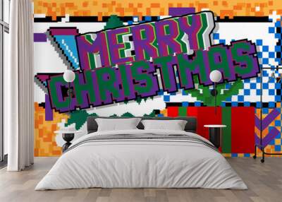 Merry Christmas. Pixelated word with geometric graphic background. Vector cartoon illustration. Wall mural