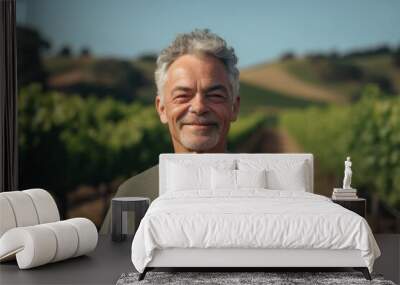 Full-length portrait photography of a pleased man in his 50s wearing a casual t-shirt against a vineyard or winery background. Generative AI Wall mural