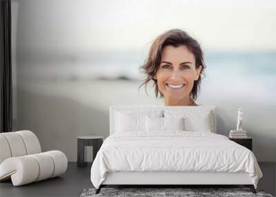 Happy 40 year old woman on the beach smiling with serenity. Generative AI Wall mural