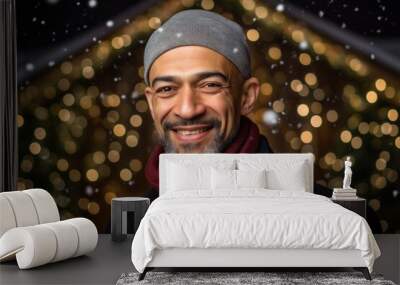 Lifestyle portrait photography of a pleased man in his 40s that is wearing hijab against a christmas or holiday themed background . Generative AI Wall mural