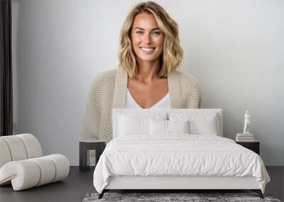 Lifestyle portrait photography of a satisfied woman in her 30s that is wearing a chic cardigan against a white background . Generative AI Wall mural