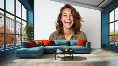 Medium shot portrait photography of a pleased woman in her 30s that is placed against a white background . Generative AI Wall mural