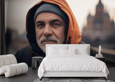 Portrait of a senior man in a hood on the background of the Kremlin. Wall mural