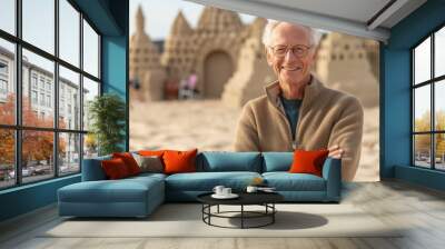 Portrait of senior man standing in front of sandcastle on beach Wall mural