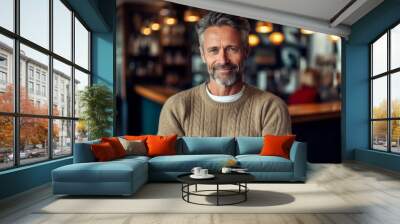 Portrait of smiling mature man with arms crossed standing in coffee shop Wall mural