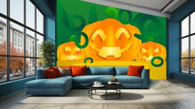 Mockup product display with halloween pumpkin. Vector cylinder pedestal podium with Jack O' Lantern. Stage showcase for presentation. Minimal geometric forms. Wall mural