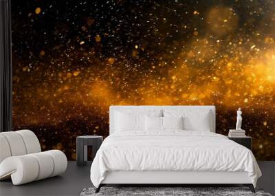 particules scintillantes et brillantes volant sur fond sombre noir lumiere orangee etoile paillette doree et flou cosmos univers espace fond pour banniere conception et creation graphique Wall mural