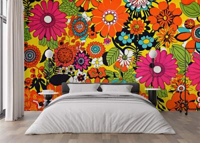 Pattern with bright flowers in the style of the 60s. Generative AI. Wall mural