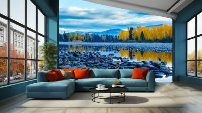 River rocks and color reflection on Flathead River, Montana in autumn with colorful fall trees Wall mural