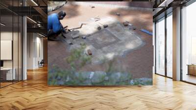 Wide shot of man fitting brick pavers into a custom designed two tone hardscaping emblem. Wall mural