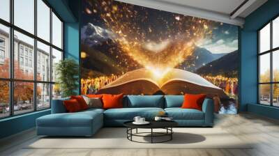 people stand around an open book and worship it golden sparks fly out of the book religion and faith concept generative ai Wall mural