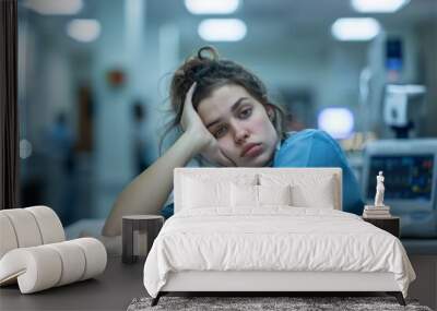 Portrait of a tired and exhausted nurse after a difficult procedure or a long hospital shift, highlighting the problem of the workload on health service staff. Wall mural