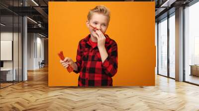 Happy little boy with thin dry pork sausages. Beautiful smiling caucasian boy in the red shirt on the yellow background. Horizontal, straight on. Wall mural