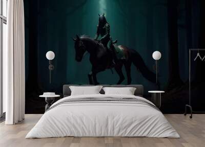 Horse rider in dark forest Wall mural