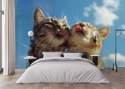 two cats licking window glass in front of blue sky background Wall mural