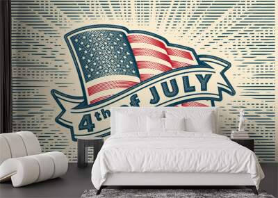 Fourth of July ( USA Independence day ) - vector illustration with shining American flag and ribbon in vintage engraving style. Wall mural