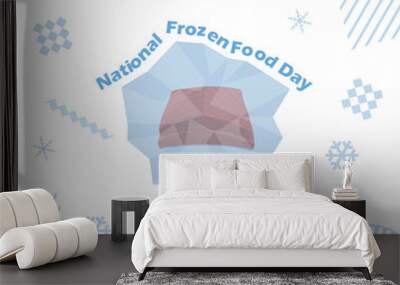 National Frozen Food Day event banner. Illustration of frozen salmon slices surrounded by frozen ice, with bold text and elements on white background to celebrate on March 6 Wall mural