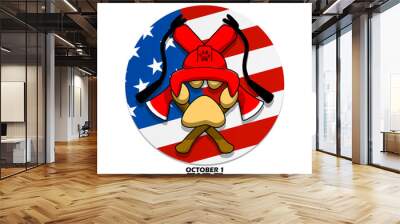 Paw icon wearing firefighter hat with a pair of axe and a pair of fire extinguishers in circle American flag frame, with bold text on white background to commemorate National Fire Pup Day on October 1 Wall mural