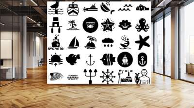 Big Collection Of Ocean Icons Pack Solid Modern Silhouettes Tortoise, Fauna, Icon, Border Pictograph Isolated On Transparent Background Wall mural