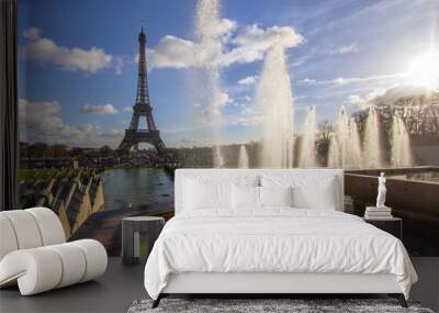 Eiffel Tower and fountain at Jardins du Trocadero, Paris Wall mural