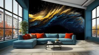 Blue and yellow colored sand wave flying on a black background dust in the air Generative AI Wall mural