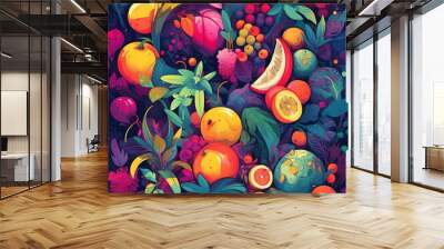 Colorfull background tilable of fruits and leaves, tropical look, vibrant design, summer vibes pattern,marketing pattern colorfull, tropical vibrant Wall mural