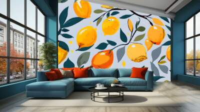 Illustrastion of summer tropical background with lemon and orange fruits and branches for fabric and wallpaper design Wall mural