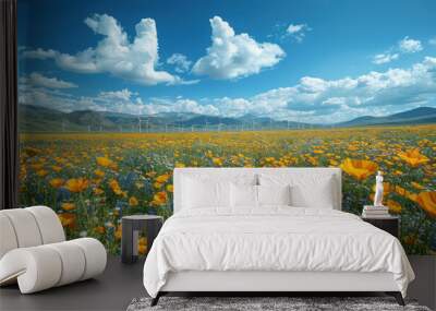 Eco friendly landscape of wind turbines, extremely beautiful scenery like a cinematic perfect photo. Wall mural