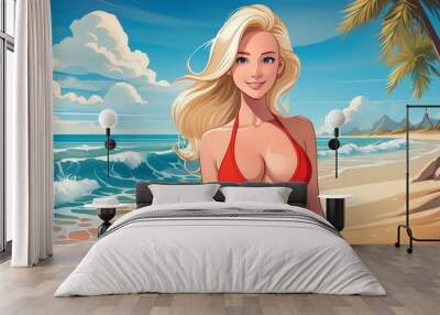 a blonde woman with red swimsuit on the beach, cartoon style Wall mural