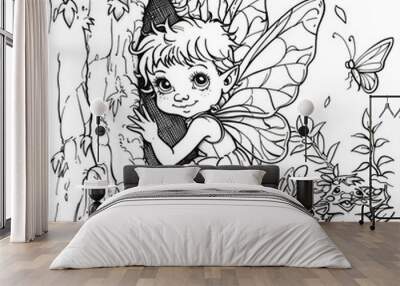 A captivating children's coloring picture featuring a fairy with delicate wings flying amidst flowers, carrying a tiny magic wand that sparkles with magic Wall mural