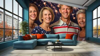 A family dressed in patriotic clothing, featuring patriotic flag fabric, stars, and stripes textures, celebrating Independence Day with proud and classic style, Created with generative Ai Technology.
 Wall mural