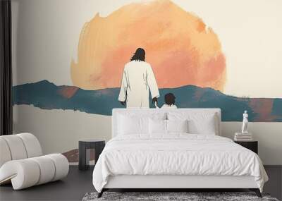 A minimalist drawing of Jesus pointing towards the sky while children gaze up in wonder. The illustration uses soft colors and simple outlines to create a serene and uplifting moment. Wall mural