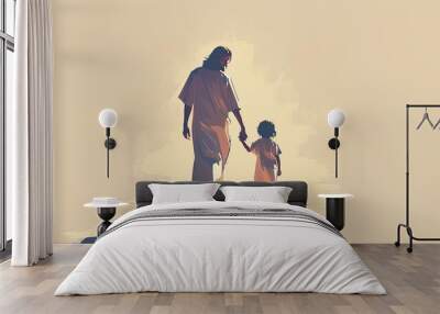 A minimalist drawing of Jesus pointing towards the sky while children gaze up in wonder. The illustration uses soft colors and simple outlines to create a serene and uplifting moment. Wall mural