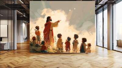 A minimalist drawing of Jesus pointing towards the sky while children gaze up in wonder. The illustration uses soft colors and simple outlines to create a serene and uplifting moment. Wall mural