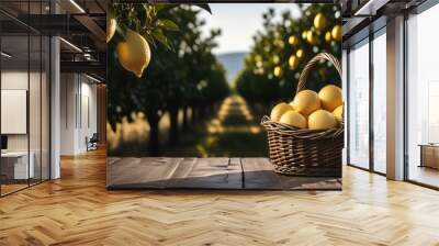 basket of lemons on a wooden table and lemon trees on background Wall mural