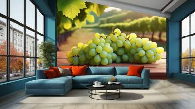 bunch of white grapes on a wooden table on the vine Wall mural