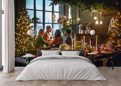 Capturing a modern Christmas atmosphere during a family gathering. Shiny metallic surfaces and a Christmas table centerpiece catch the eye, illuminated by bright ceiling lights in the evening. Wall mural