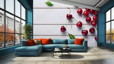 cherries on white wooden table seen from above Wall mural