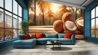 coconuts on a wooden table and coconut trees on background Wall mural