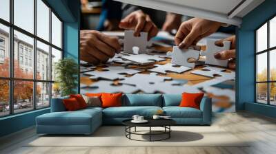 Image of business professionals' hands fitting together puzzle pieces on a table, symbolizing strategic planning and mutual support in teamwork. Wall mural