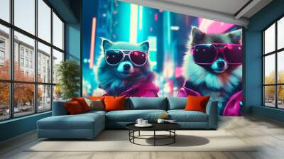 In a neon-lit, cyber-themed landscape, 3D avatars of stylish cats and dogs, and futuristic pet influencers explore the digital pet world in a neon night ambiance with vibrant contrasts. Wall mural