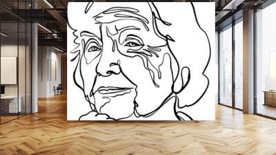 Minimalistic portrait of elderly woman's face with wrinkles. Continuous line vector illustration, black line on white background Wall mural