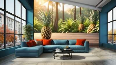 pineapple on a wooden table and pineapple trees on background Wall mural